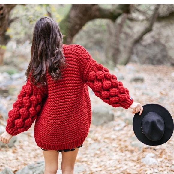 Nasty Gal Red Pom Pom Red Chunky Knit Open Front Cardigan Medium - Picture 2 of 8